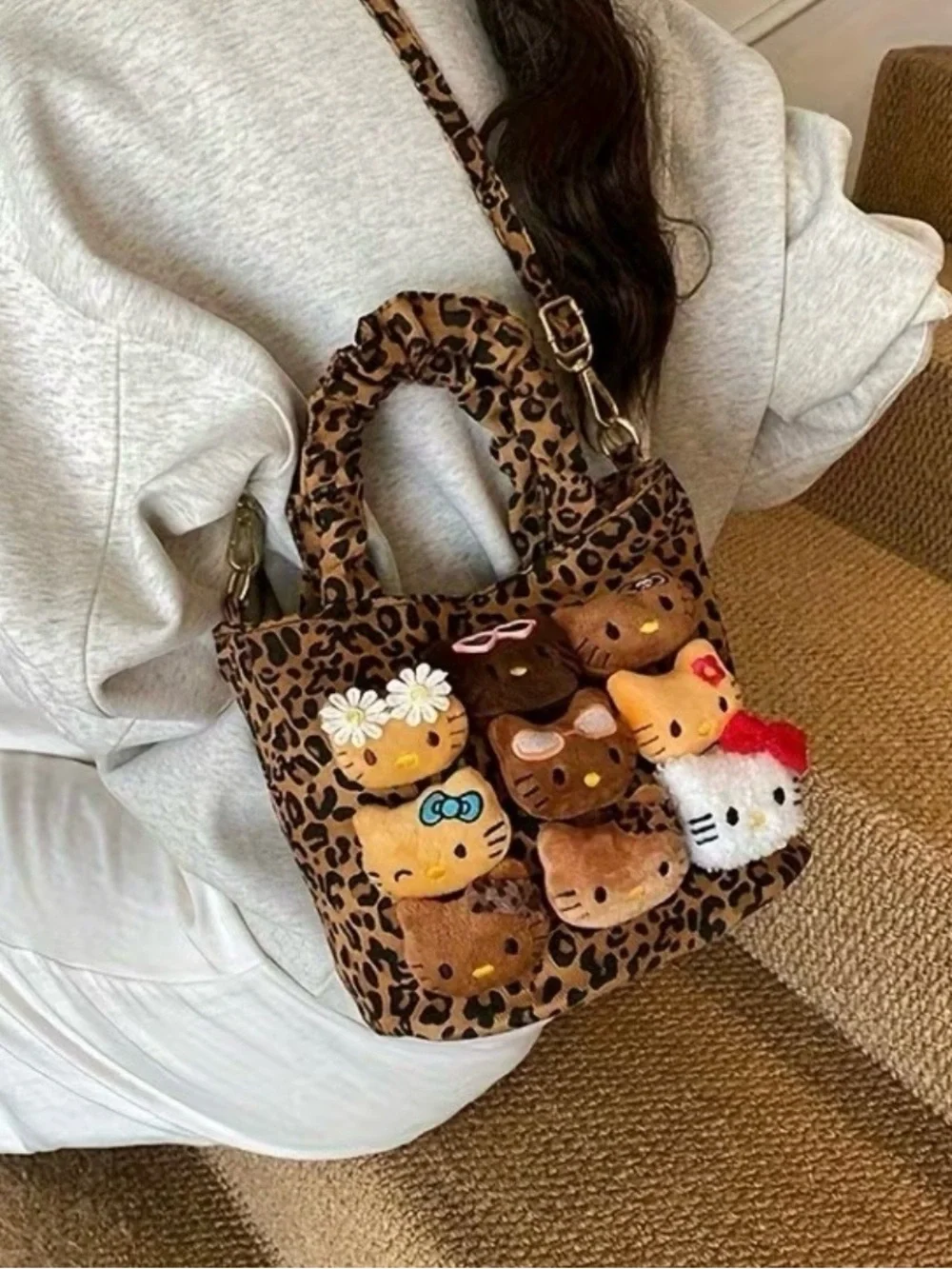 Hello Kitty Leopard Plush Charm Tote in Brown - Picture 2 of 3